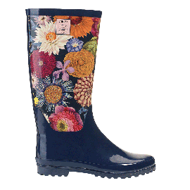 Aigle x Kew Multibloom Wellington Boot in a deep navy blue. The front and sides of the boots feature colourful botanical illustrations.