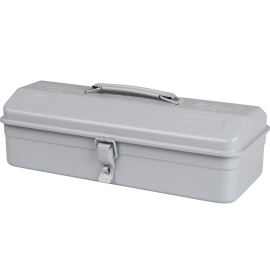Steel Niwaki Y-Type Tool Box in grey, with handle and lockable clasp. Ideal for longer or bigger gardening tools. ニワキ stamped under the handle is the katakana for Niwaki.