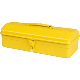 Steel Niwaki Y-Type Tool Box in yellow, with handle and lockable clasp. Ideal for longer or bigger gardening tools. ニワキ stamped under the handle is the katakana for Niwaki.