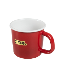 Red Niwaki Enamel Mug. Gold sticker is not a permanent feature, but the Niwaki stamp on the base most certainly is.