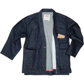 Niwaki denim work jacket. Loose fitting, with deep, double lined pockets and loose sleeves, made to be rolled up. Three buttons with red string. One top pocket and two below. Niwaki label inside.