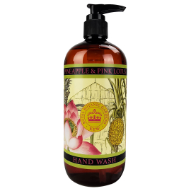 Image of the Pineapple and Pink Lotus Hand Wash. The label has an illustration of a pink lotus and a pineapple with a background of the temperate house.