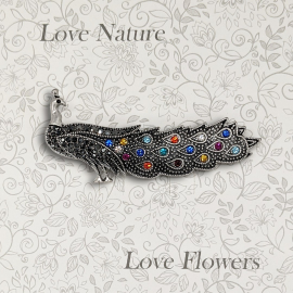 Image of the peacock brooch presented on a printed gift card. The brooch is made using a vintage silver metal and it is embellished with multicoloured stones in place of its feathers.