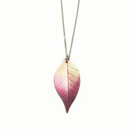 Close up of Pink Cherry Leaf Necklace on a silver chain. 