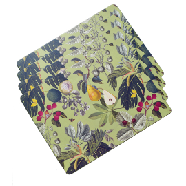 Image of stunning set of 4 cork-backed green placemats featuring the intricate fruit and floral artwork from the infamous Royal Botanic Gardens, Kew's archives