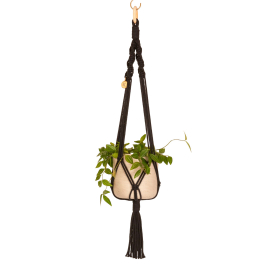 Image of the black knotted hanger with a potted tradescantia hanging from it