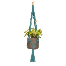Image of the Blue knotted hanger with a potted tradescantia hanging from it.