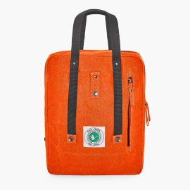 Front view of the bag featuring a bright orange colour and black straps