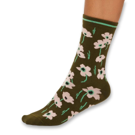 Side view of one sock in a olive green base featuring a pattern of pale pink poppies.