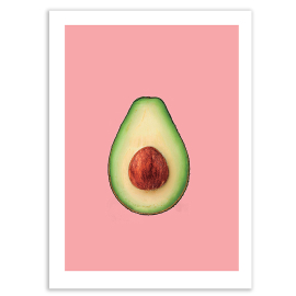 image of a halved avocado on a pastel pink background