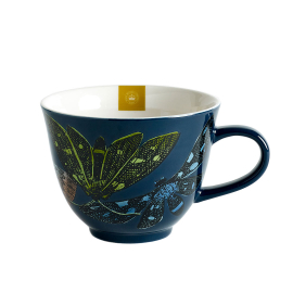 Kew midnight blue china mug with blue handle features detailed artwork of insects from Kew's archives.