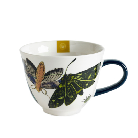 Kew white china mug with blue handle features detailed artwork of insects from Kew's archives.