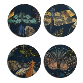 Image of midnight blue four cork-backed coasters featuring the intricate artwork from the famous Royal Botanic Gardens, Kew's archives. Intricate patterns and colours from a diverse range of bugs.