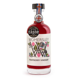 Womersley Raspberry Vinegar. INGREDIENTS are Spirit vinegar, Sugar, Raspberries (33%). Infused using 33g raspberries per 100g.