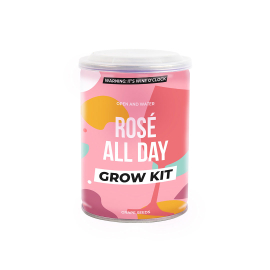 Rosé all day Grow Kit Tin reads: 'Warning: It's wine o'clock. Open and Water. Rosé all day Grow Kit. Grape seeds.