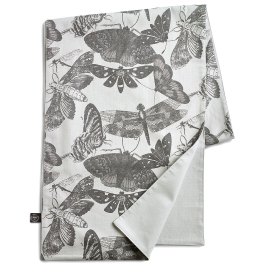 A beautiful table runner inspired by the stunning and intricate artwork found in the extensive Royal Botanic Gardens, Kew's archives. Light grey tea towel featuring dark grey artwork of insects.