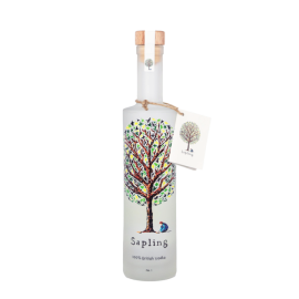 Sapling British Vodka bottle with a beautiful illustration of a person crouching by a tree.