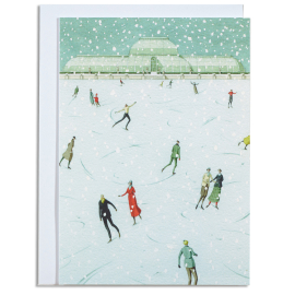 Image of single card and envelope. Card depicts illustration of a snowy scene with visitors skating on the lake in front of the palm house.