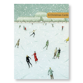 Beautifully illustrated Christmas Card featuring people skating on the frozen lake in front of the Palm House. The text on the top right corner reads: '6 Christmas Cards'