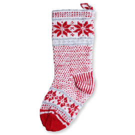 Image of the Snowflake Stocking featuring a wintry red and white pattern