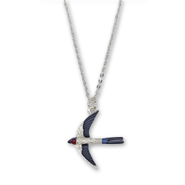Image of the necklace featuring a swallow bird-shaped pendant in metal silver with navy accents. The necklace chain is in metal silver as the casting of the pendant.