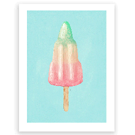 Artwork of a pink, orange and green ice lolly on a wooden stick on a light blue background. White border.