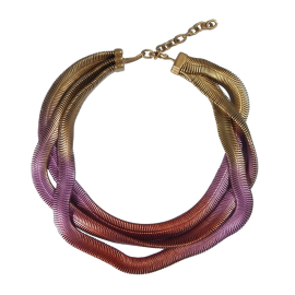 Made from brass with a gold lacquered finish, the strands, featuring hints of an ombré burnt red, gently cross over and lay flat. Adjustable hook chain to fasten necklace in place.