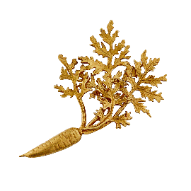 Perfectly imperfect 'leafy carrot' gold-plated pin brooch, capturing the joy of digging vegetables fresh from the ground.
