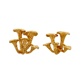 Gold Clustered Mushroom Earrings. Designed to hug your ear lobe, gorgeous gills are contrasted with perfectly polished mushroom caps to create a cluster fit for the forest. Handmade in England.