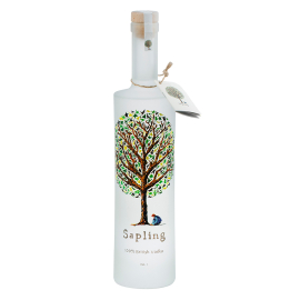 Sapling British Vodka bottle with a beautiful illustration of a person crouching by a tree.