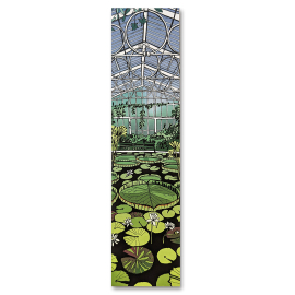 Front side of the bookmark featuring the waterlily house at Kew Gardens