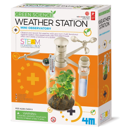 Green science weather station mini observatory cardboard box with demonstration of contents inside.