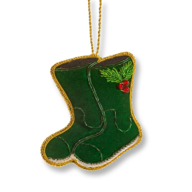 Christmas decoration in the shape of a pair of Wellies in green velvet with a golden border