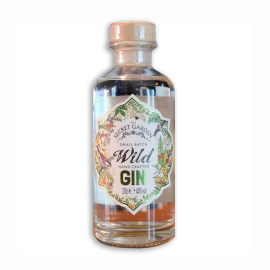 Wild gin bottle which reads (from top to bottom) The Secret Garden small batch wild hand-crafted gin. 20cl. 40% vol.