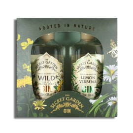 Secret Garden Gin gift set featuring two 20cl gins: Wild Gin and Lemon Verbena Gin, presented in a floral gift set which reads 'Rooted in Nature' 'The Secret Garden Gin'.