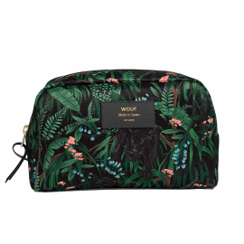 Pouch featuring black jaguars amongst dark green jungle leaves and pink and blue flowers. Pouch has label in top middle which reads: WOUF Made in Spain. Gold zip.