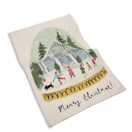 Kew Christmas Tea Towel designed by Louise Cunningham exclusively for Kew depicting a beautiful scene in front of the temperate house.
