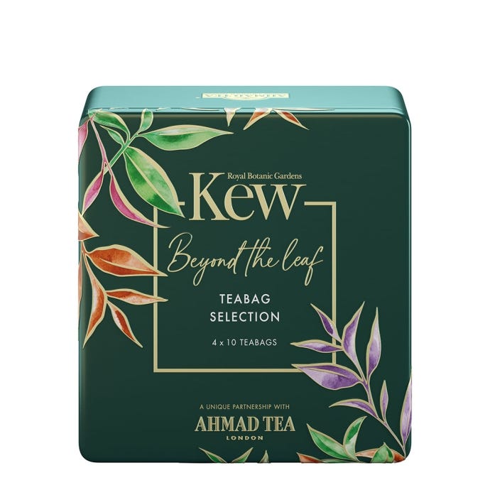 Royal Botanic Gardens, Kew x Ahmad Tea. Beautiful tin reads: Beyond the leaf Teabag selection. 4x10 teabags. A unique partnership with AHMAD TEA. LONDON.