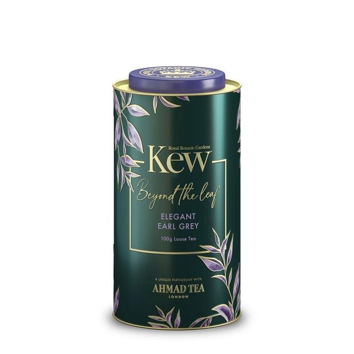 Royal Botanic Gardens, Kew x Ahmad Tea. 100g loose tea in beautiful tin. Reads: Beyond the leaf. Elegant Earl Grey. A unique partnership with AHMAD TEA. LONDON.
