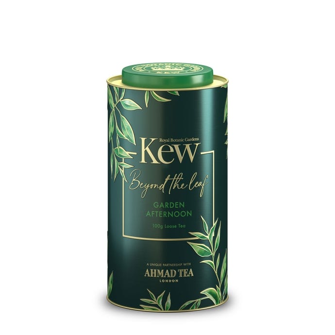 Royal Botanic Gardens, Kew x Ahmad Tea. 100g loose tea in beautiful tin. Reads: Beyond the leaf. Garden Afternoon. A unique partnership with AHMAD TEA. LONDON.