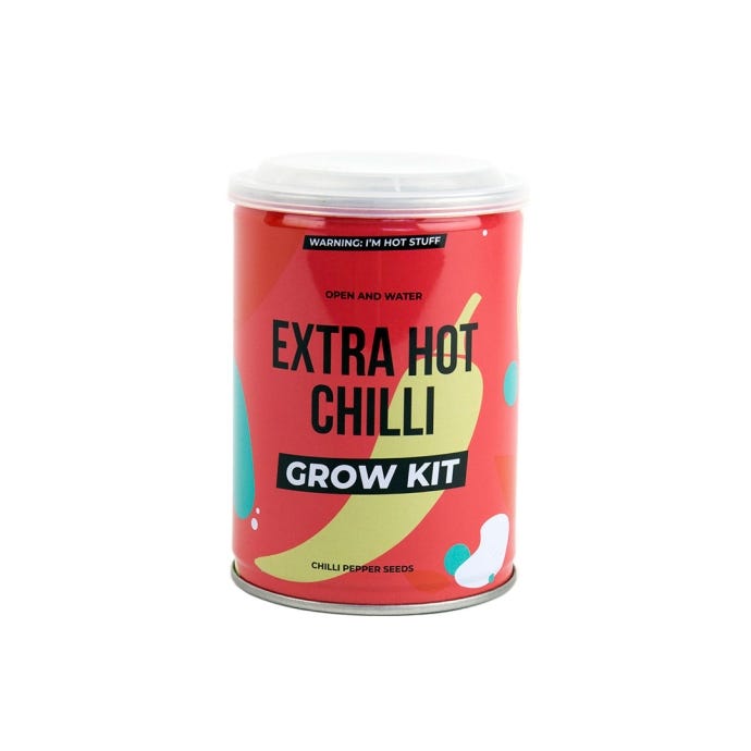 Extra Hot Chilli Grow Tin reads 'Warning: I'm hot stuff. Open and water. Extra Hot Chilli Grow Kit. Chilli pepper seeds'.