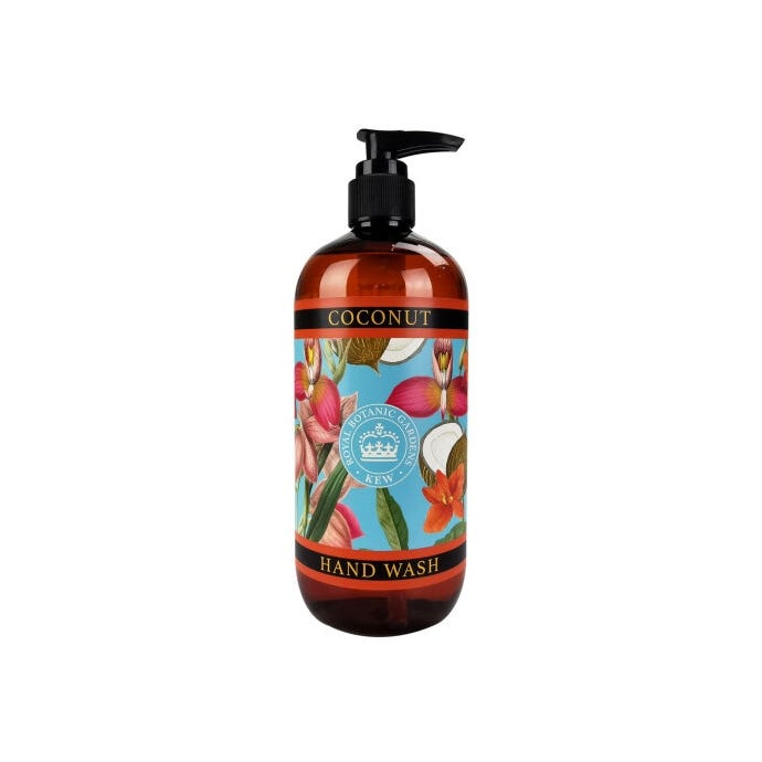 An image of the Coconut Hand Wash with a Light Blue label with images of coconut, pink flowers and olive green  leaves.