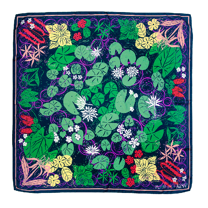 A luxurious silk scarf by Rory Hutton, featuring a beautiful design inspired by Kew's waterlily house. The illustration features lily pads and an assortment of flowers surrounded different shapes and colours. The design combines wonderful shades of green,