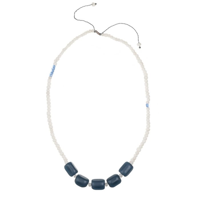 Recycled Glass Barrel Beads Necklace, Navy