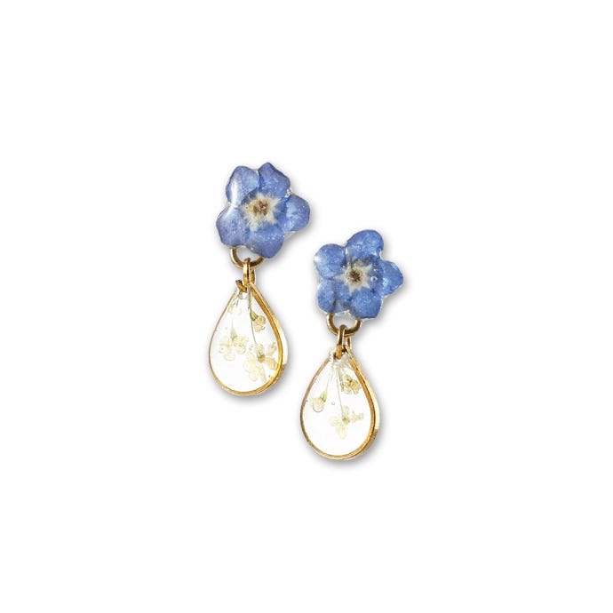 Forget-me-not & Small Teardrops Gold Earrings