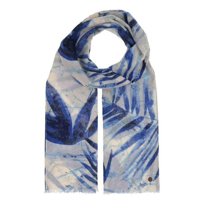 Leaf Print Cotton Scarf, Blue