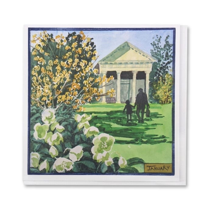 image of the greeting card illustrating the month of January at Kew Gardens, featuring the classical temple in the background and shrubs in flower in the foreground.