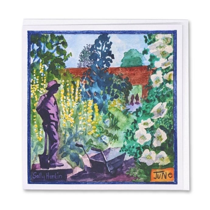 image of the greeting card illustrating the month of June at Kew Gardens, with a wheelbarrow and the lots of plants covered with flowers in the foreground. 