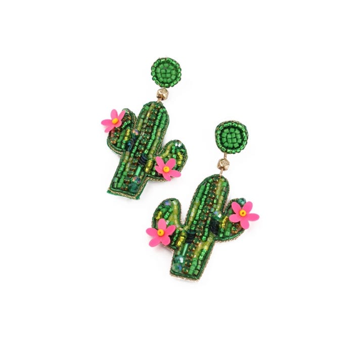 Green and Pink Cactus Beaded Earrings