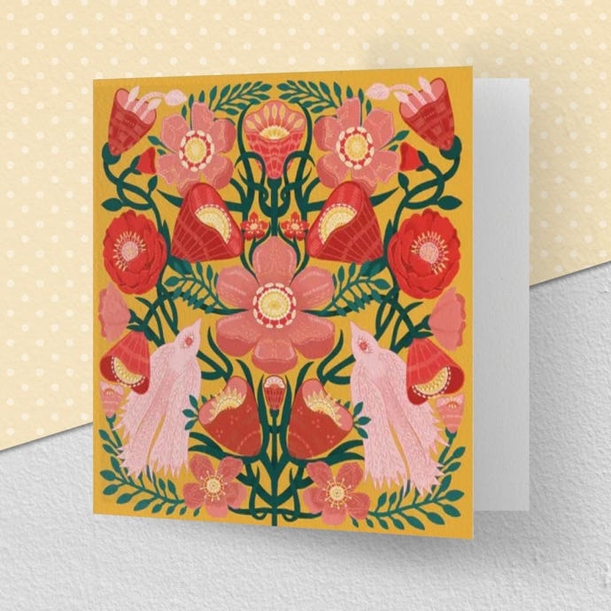 Herbarium Mustard Floral & Pink Birds Greeting Card